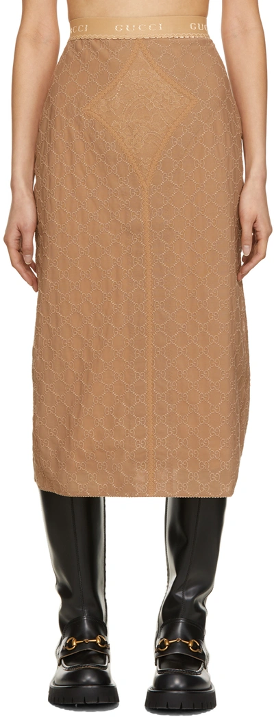 Shop Gucci Tan 'gg' Embroidered Tulle Skirt In 2154 Nude