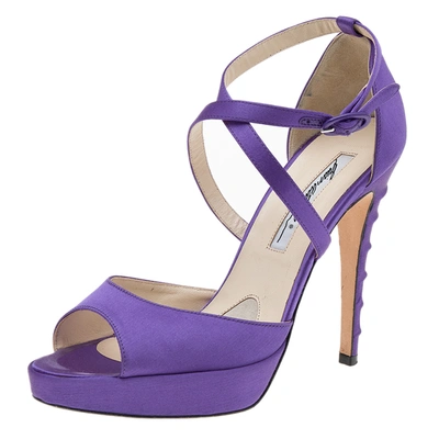 Pre-owned Brian Atwood Purple Satin Platform Ankle Strap Sandals Size 38.5