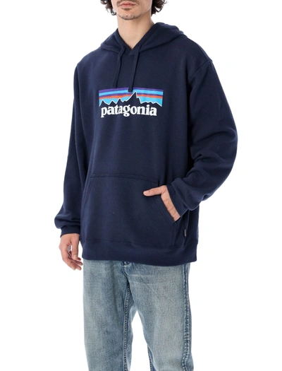 Shop Patagonia Logo Print Regular Hoodie In Navy