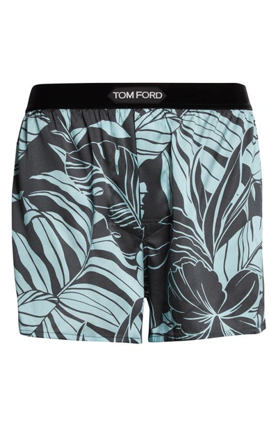 Shop Tom Ford Hibiscus Print Stretch Silk Boxers In Aqua / Dark Green