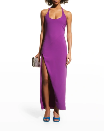 Shop Attico Halter Thigh-slit Maxi Dress In Violet