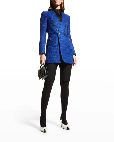 Shop Saint Laurent Collarless Double-breasted Tweed Jacket In Blue