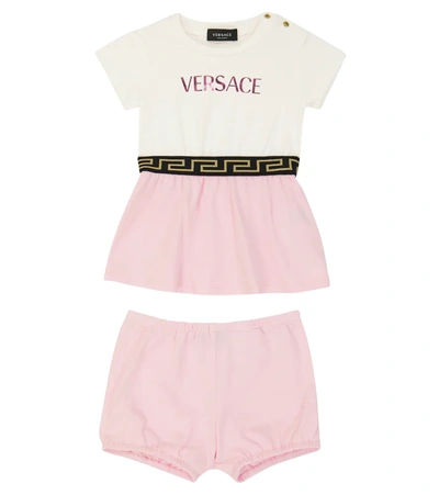 Shop Versace Baby Cotton-blend Dress And Bloomer Set In Bianco+rosa Baby