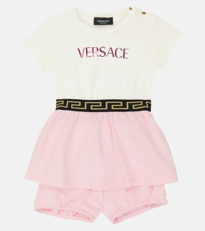 Shop Versace Baby Cotton-blend Dress And Bloomer Set In Bianco+rosa Baby