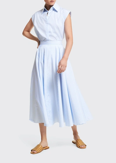 Shop Michael Kors Striped Cotton Midi Skirt In Oxfordwhite