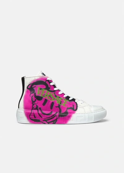 Shop Versace Greca Medusa Tag High-top Sneakers In White+pink