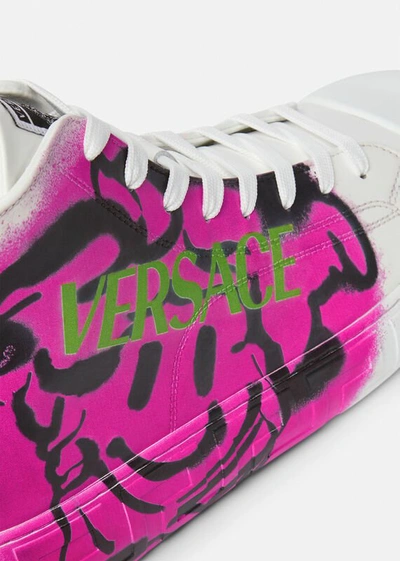 Shop Versace Greca Medusa Tag High-top Sneakers In White+pink