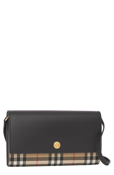 Shop Burberry Hannah Leather & Check Coated Canvas Wallet On A Strap In Black
