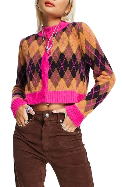 Shop Topshop Argyle Knit Crop Cardigan In Brown Multi