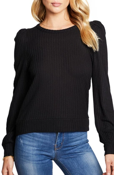 Chaser Waffle Knit Puff Shoulder Top In True Black