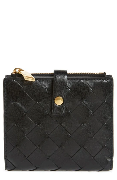 Shop Bottega Veneta Intreciato Leather French Wallet In Nero/ Gold