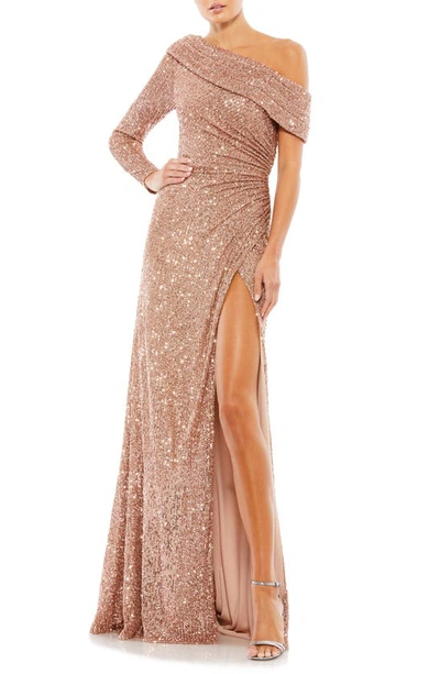 Shop Mac Duggal Sequin One-shoulder Gown In Copper