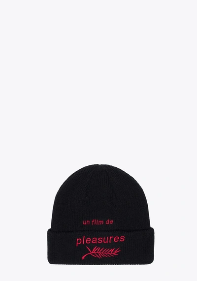 Shop Pleasures Film Beanie Black Rib Knit Beanie With Red Embroidery In Nero