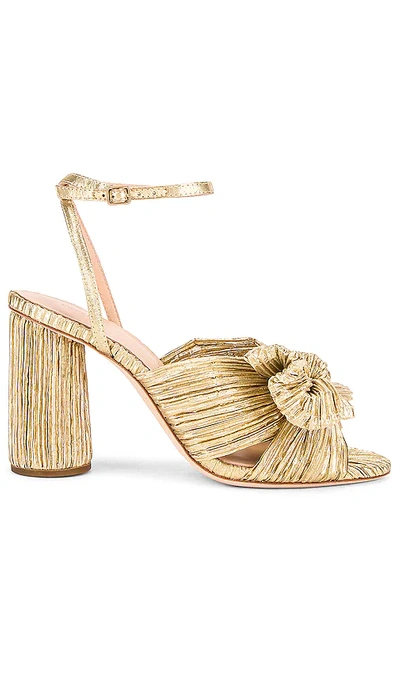 Shop Loeffler Randall Camellia Bow Heel With Ankle Strap In Metallic Gold