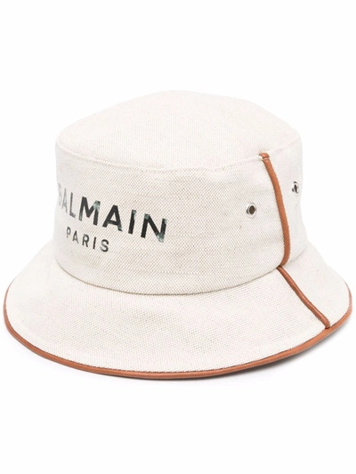 Shop Balmain Logo-print Bucket Hat In Nude