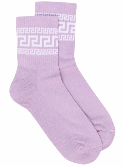 Shop Versace Greca Ribbed Socks In Purple