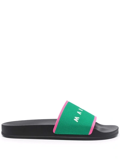 Shop Marni Logo Print Slides In Schwarz