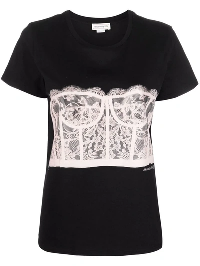 Shop Alexander Mcqueen Corset-print Cotton T-shirt In Black
