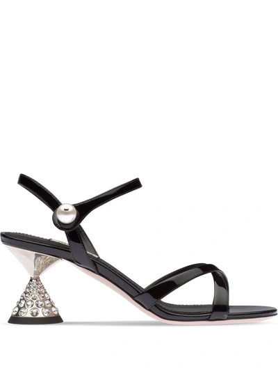 Shop Miu Miu Crystal-studded Heel Sandals In Black