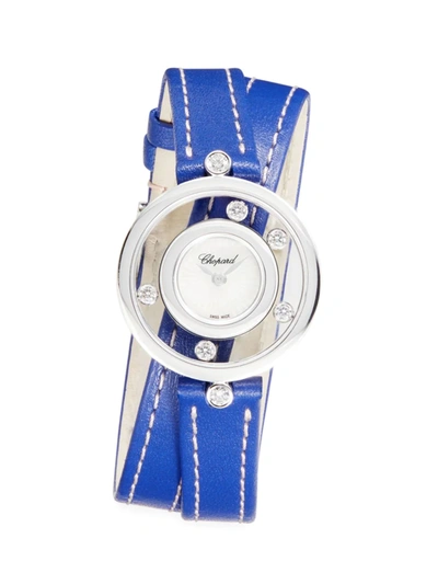 Shop Chopard Women's Happy Diamonds Icons 18k White Gold, Diamond, & Leather Wrap-strap Watch In Blue