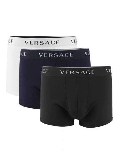 Shop Versace Men's 3-pack Logo Band Boxer Briefs In Black Blue