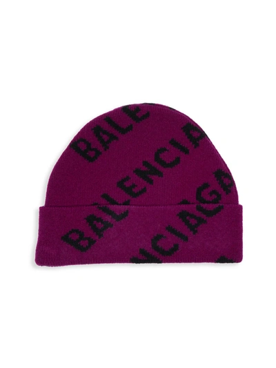 Shop Balenciaga Women's Allover Logo Wool Beanie In Purple Black