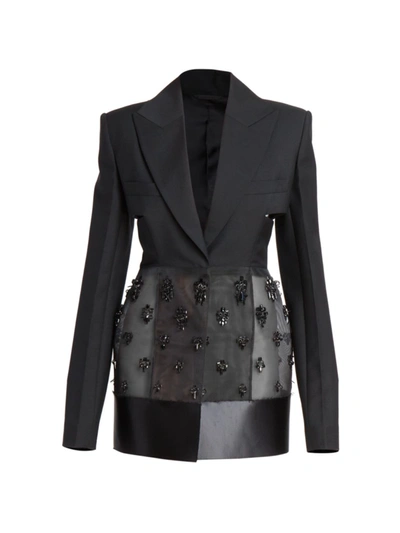 Cutout Bead-embellished Tulle, Satin And Wool And Mohair-blend Blazer In  Black