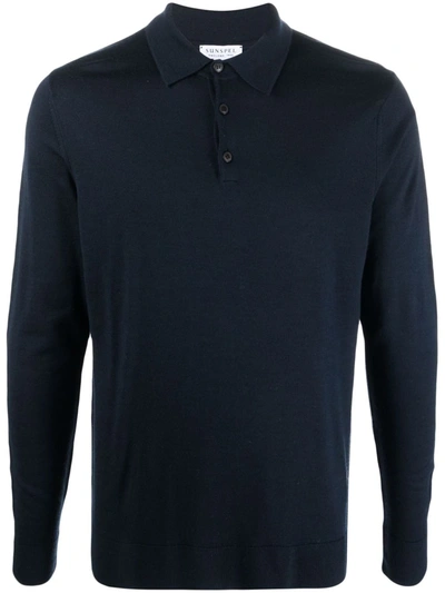 Sunspel Merino Wool Long Sleeve Polo Top In Blue