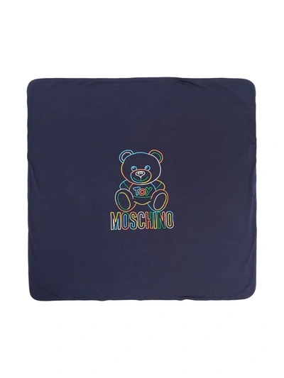 Shop Moschino Embroidered-logo Blanket In Blue