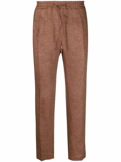 Shop Briglia 1949 Tapered-leg Linen Trousers In Brown