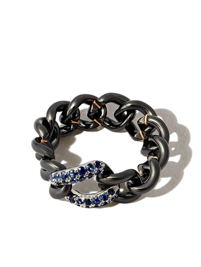 Shop Shay 18kt Black Gold Jumbo Link Ring In Black Ceramic/blue Sapphire