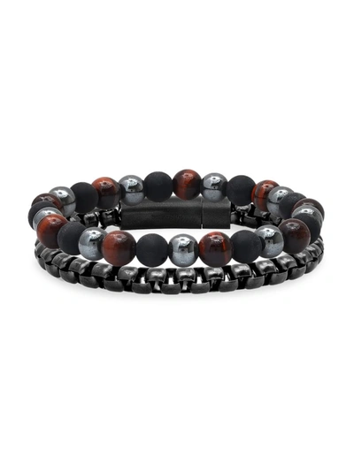 Shop Anthony Jacobs Men's 2-piece Stainless Steel, Black Lava, Hematite, & Red Tiger Eye Beaded Bracelet Set