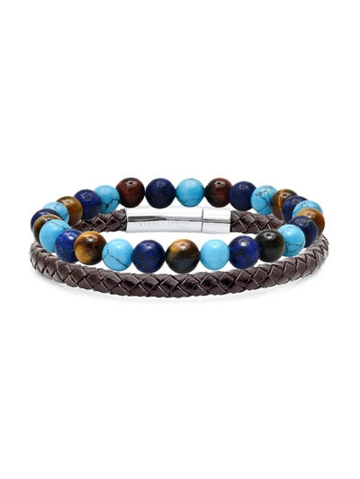 Shop Anthony Jacobs Men's 2-piece Multi-stone & Leather Beaded Bracelet Set In Turquoise