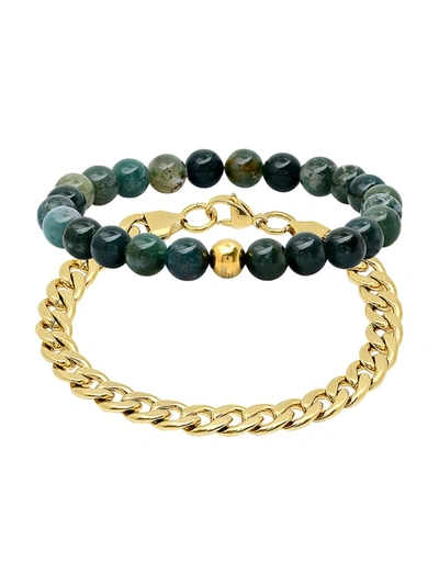 Shop Anthony Jacobs Men's 2-piece 18k Goldplated Stainless Steel, Green Agate Beaded Cuban Bracelet Set