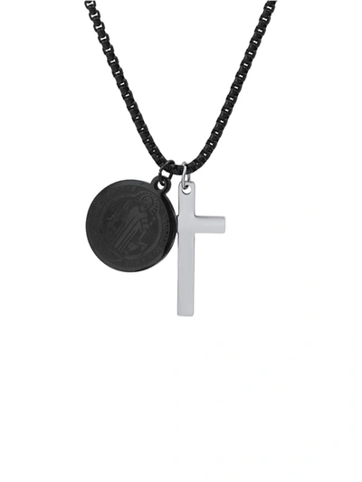 Shop Anthony Jacobs Men's Black Ip Stainless Steel Cross & St. Benedict Pendant Necklace