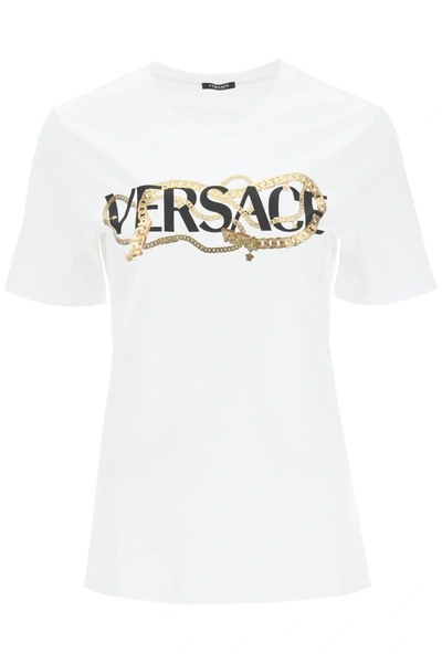 Shop Versace Logo Chain T-shirt In White,black,gold