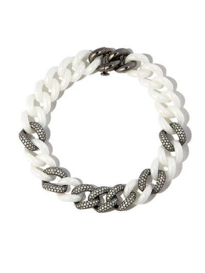 Shop Shay 18kt Black Gold Curb-chain Diamond Bracelet In White Ceramic/white Diamond