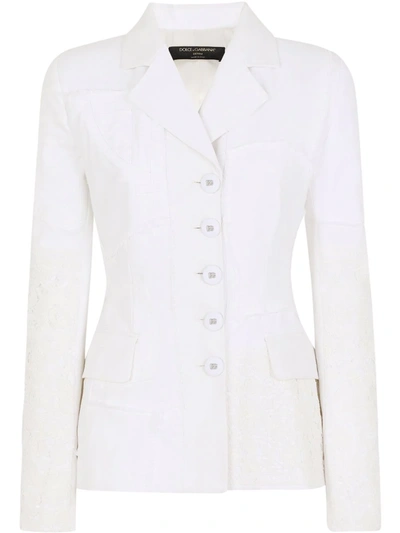 Shop Dolce & Gabbana Lace-patchwork Single-breasted Blazer In Weiss