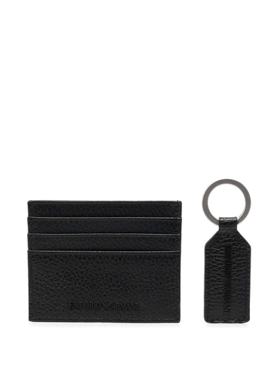 Shop Emporio Armani Logo-embossed Leather Cardholder And Keyring In Schwarz