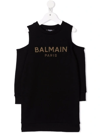 Shop Balmain Studded-logo Open-shoulder Dress In Black