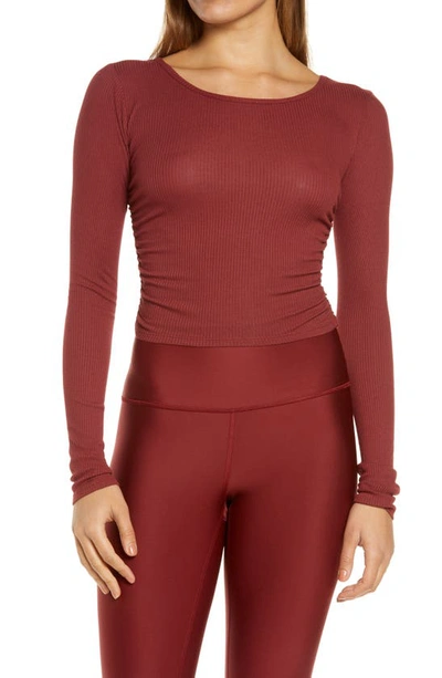 Shop Alo Yoga Gather Long Sleeve Rib Crop Top In Cranberry