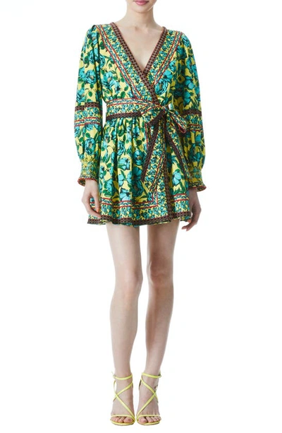 Shop Alice And Olivia Simona Floral Print Long Sleeve Faux Wrap Minidress In Beach Bliss Sunflower Multi