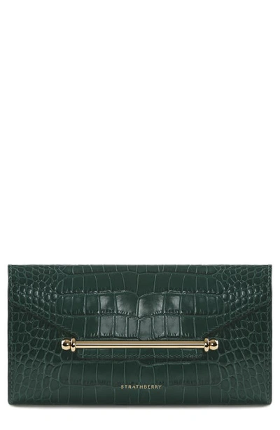 Shop Strathberry Multrees Croc Embossed Leather Wallet On A Chain In Bottle Green