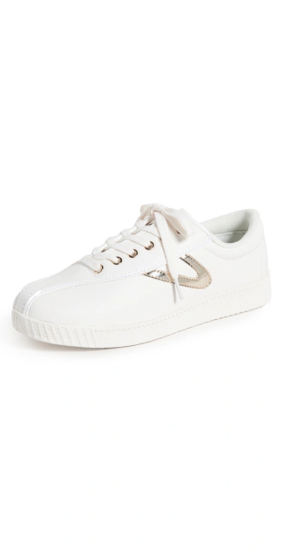 Shop Tretorn Nylite Plus Leather Sneakers White/light Gold