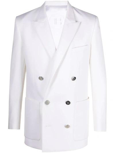 Shop Balmain Peak-lapels Double-breasted Blazer In White