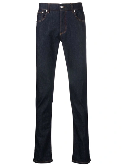 Shop Alexander Mcqueen Embroidered Logo Skinny Jeans In Blue