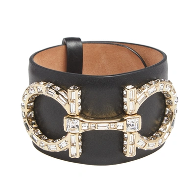 Pre-owned Ferragamo Black Leather Crystal Embellished Gancini Bracelet