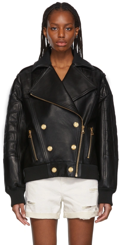 Oversized Button-embellished Quilted Leather Bomber Jacket In Black
