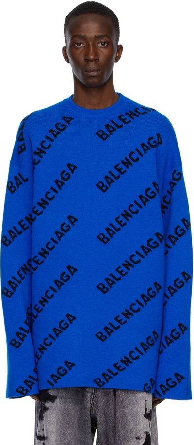 Balenciaga Oversized Logo-intarsia Jumper In Blue | ModeSens