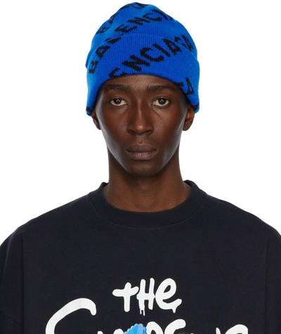 Shop Balenciaga Blue Allover Logo Beanie In 3964 Blue/b